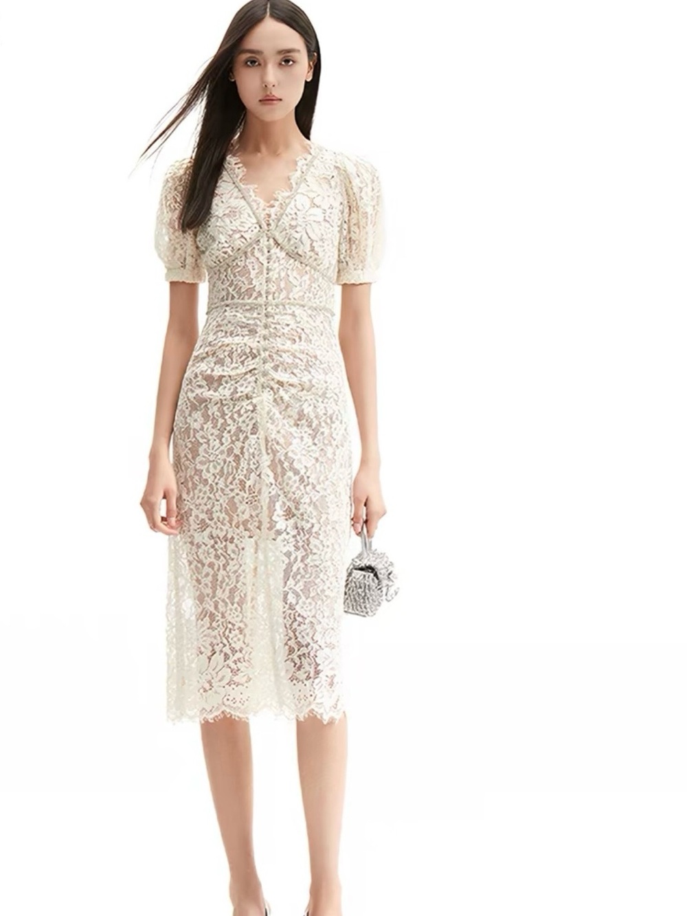 Self-portrait Lace Midi Dress with Puff Sleeves